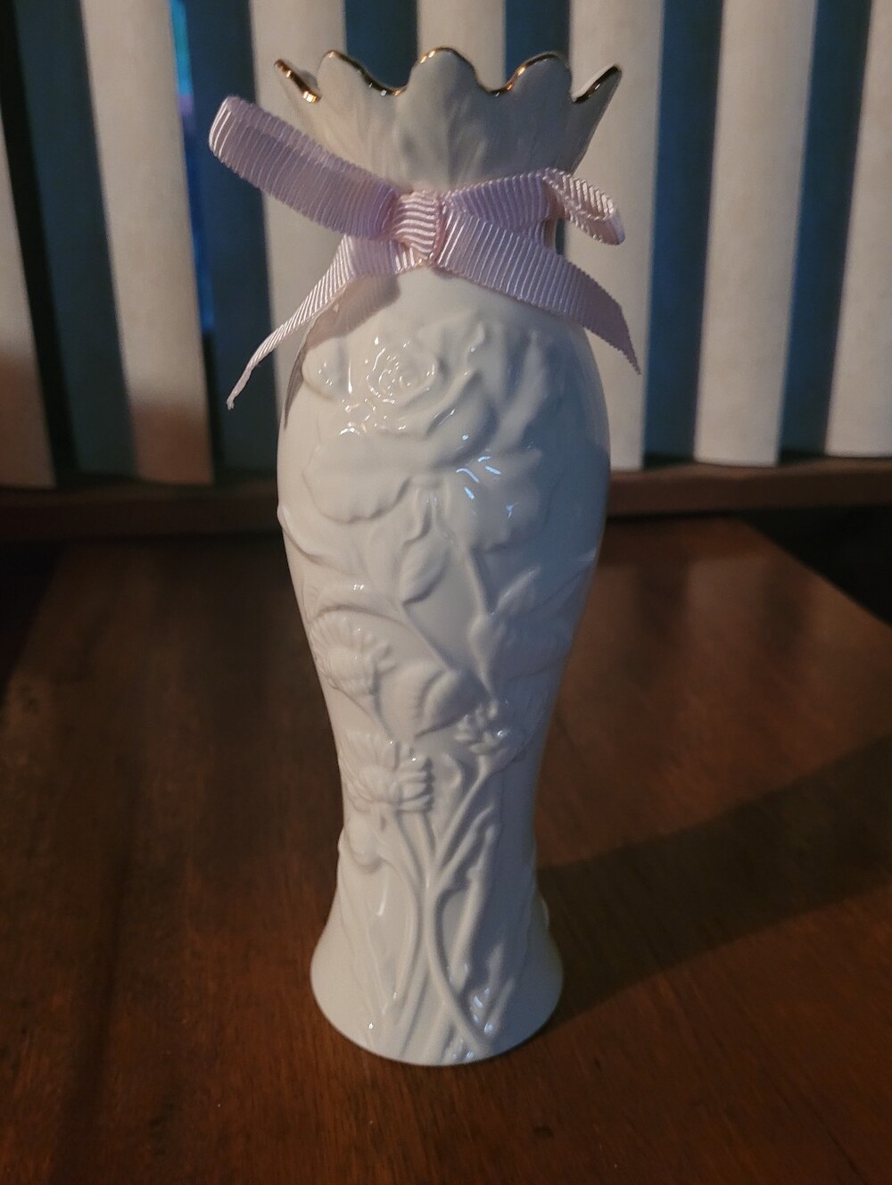 Lenox Ivory Tone Porcelain Vase with Pink Ribbon And Gold Trim  (115)